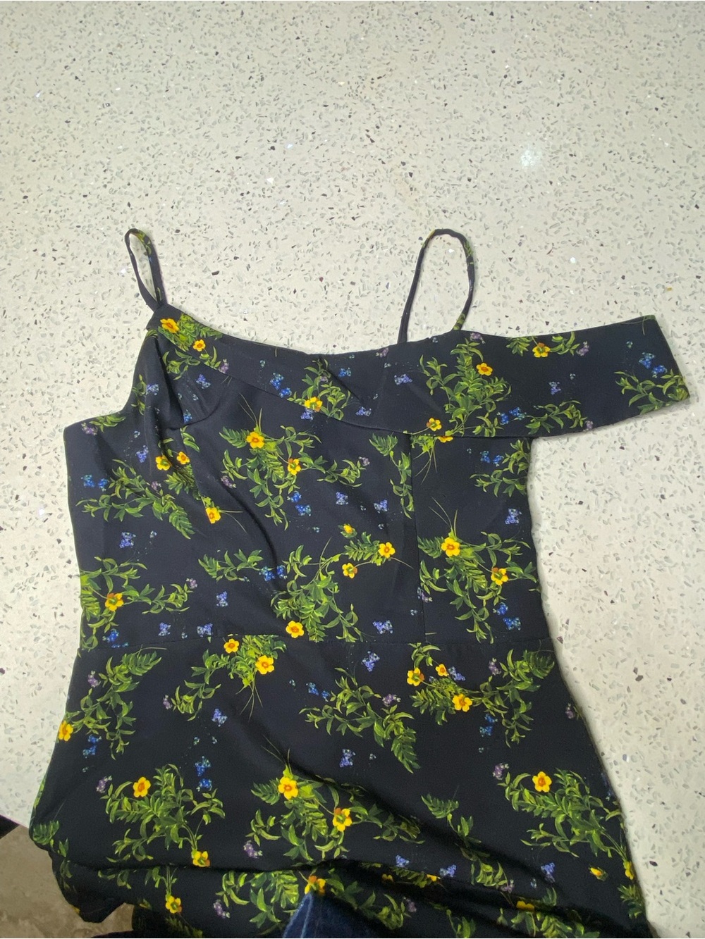 Floral Off-Shoulder Bodycon Dress - Black with Yellow & Green Print - Picture 3 of 5